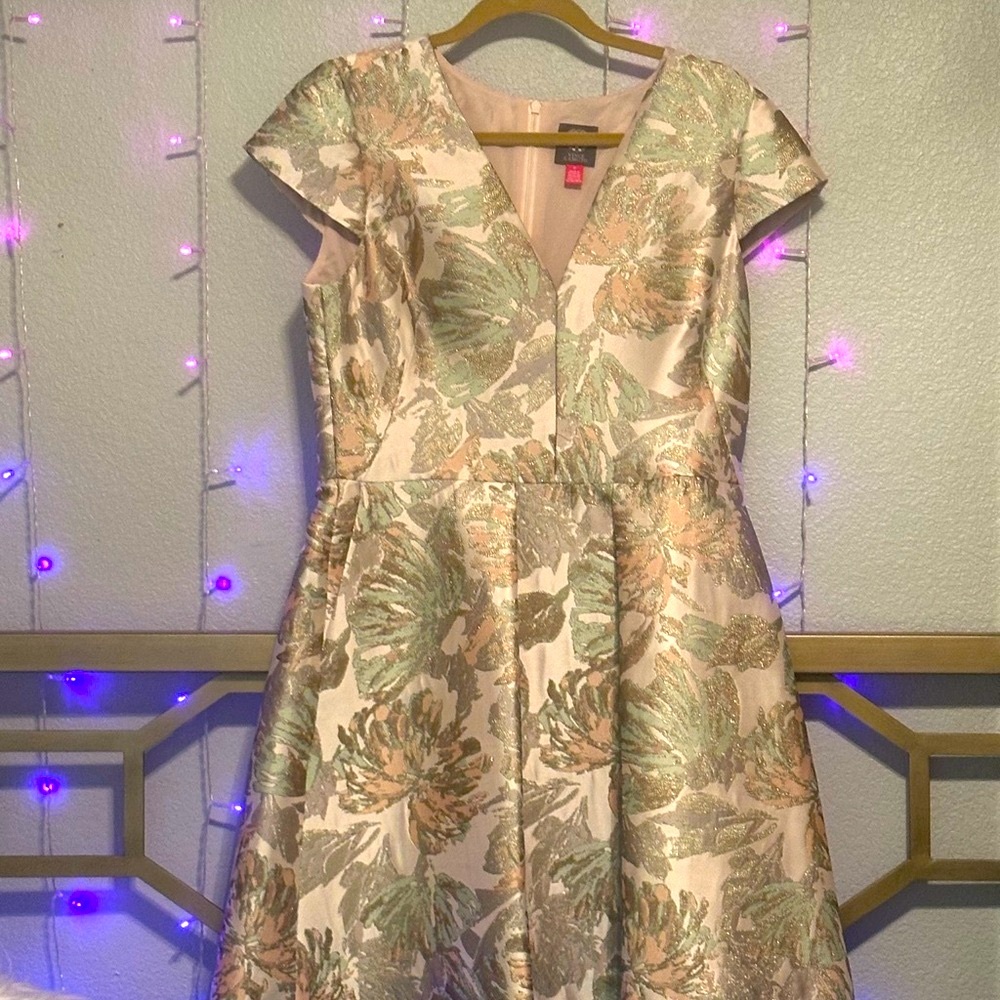 Vince Camuto Gold and Cream Fit and Flare Dress with Flutter Cap Sleeves